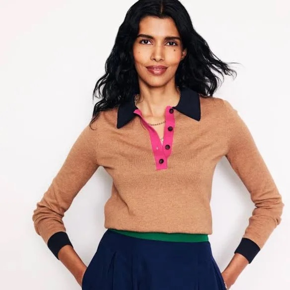 Merino Blend Henley Camel Sweater with Pink and Navy Accents